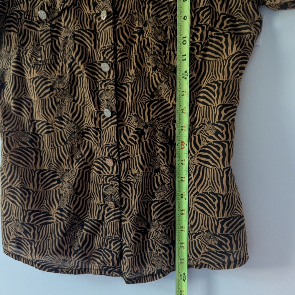 TORY BURCH Brown Gold Buttons Animal Print Zebra Button Down Shirt Size 4 - Picture 7 of 11